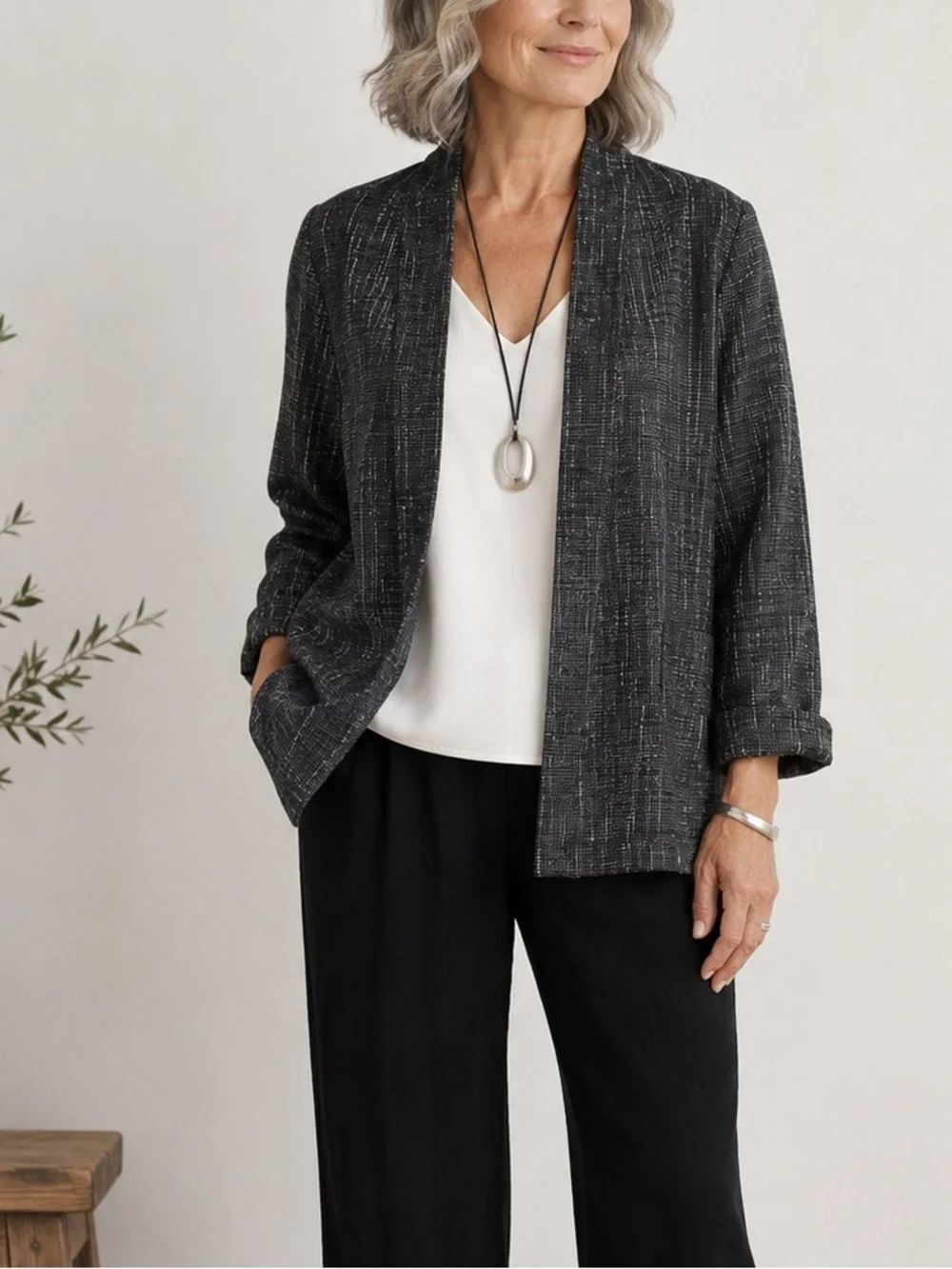 Eileen Fisher Organic Linen Blend Open Front Jacket Gray Textured Women’s L
